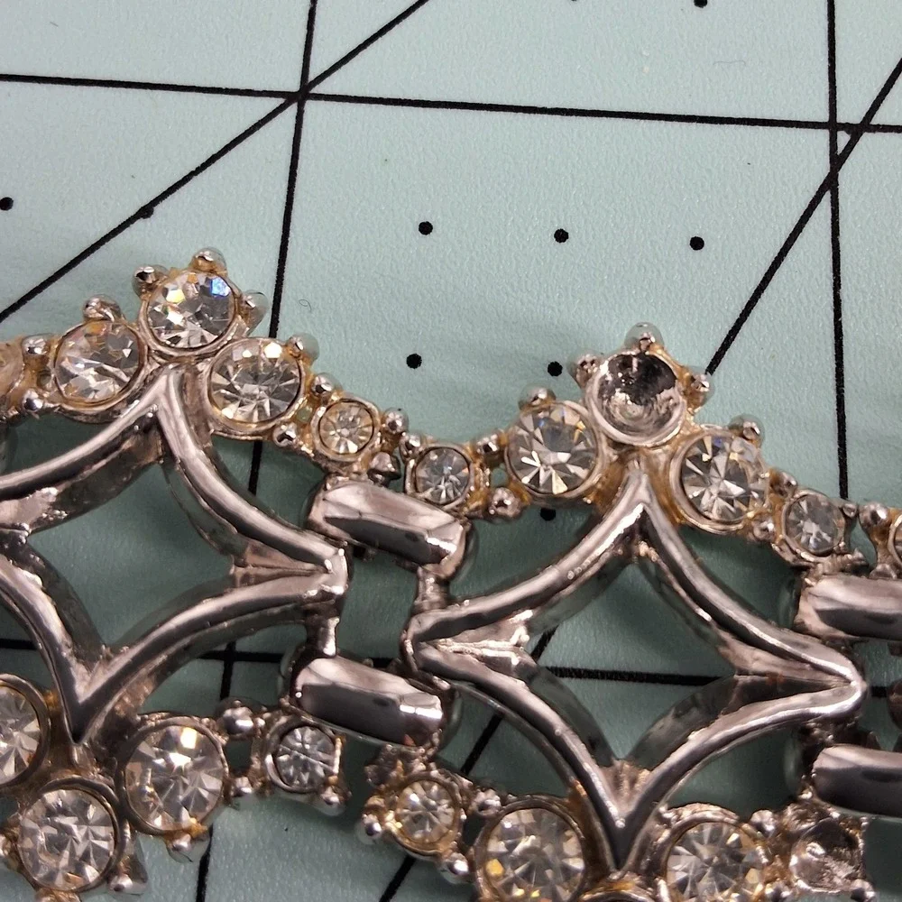 Vintage Silver Tone Rhinestone‎ Geometric Link Bracelet Art Deco 1950s